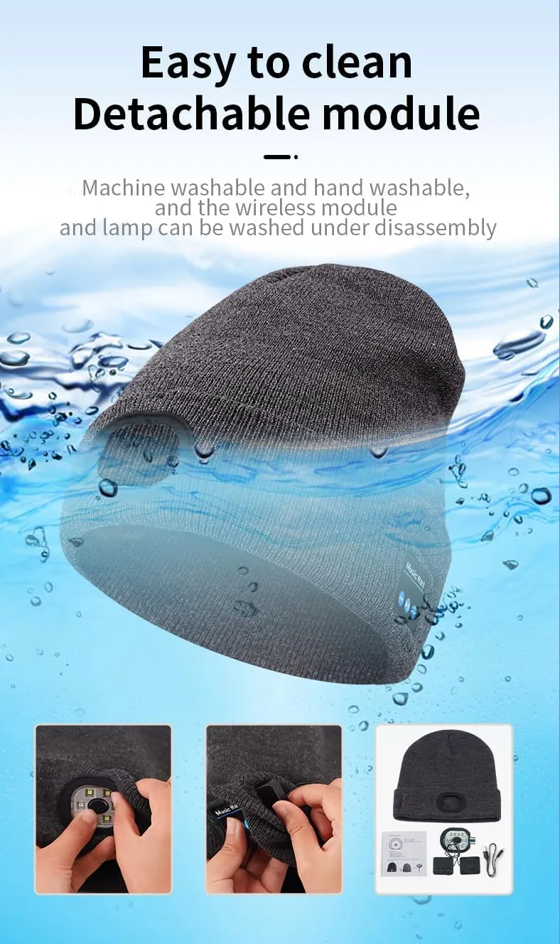 Spevert Unisex LED Bluetooth Beanie with The Light,USB Rechargeable Winter Hat, LED Headlamp Knitted Light Beanie Cap