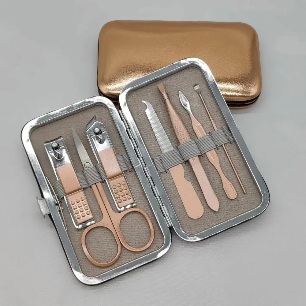 Stainless Steel Champagne Gold Nail 7-Piece Set PU Box Oblique Pliers Foot Trimming Spoon Tool Set