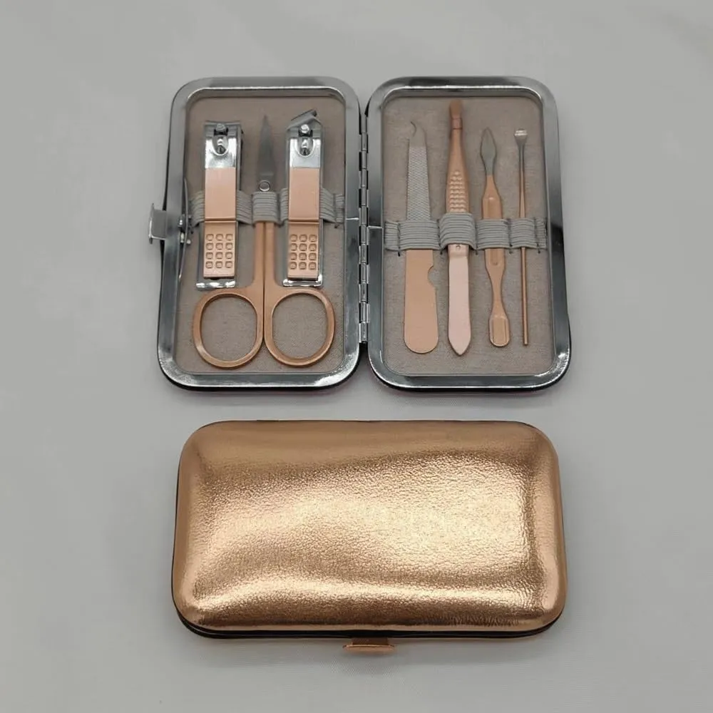 Stainless Steel Champagne Gold Nail 7-Piece Set PU Box Oblique Pliers Foot Trimming Spoon Tool Set