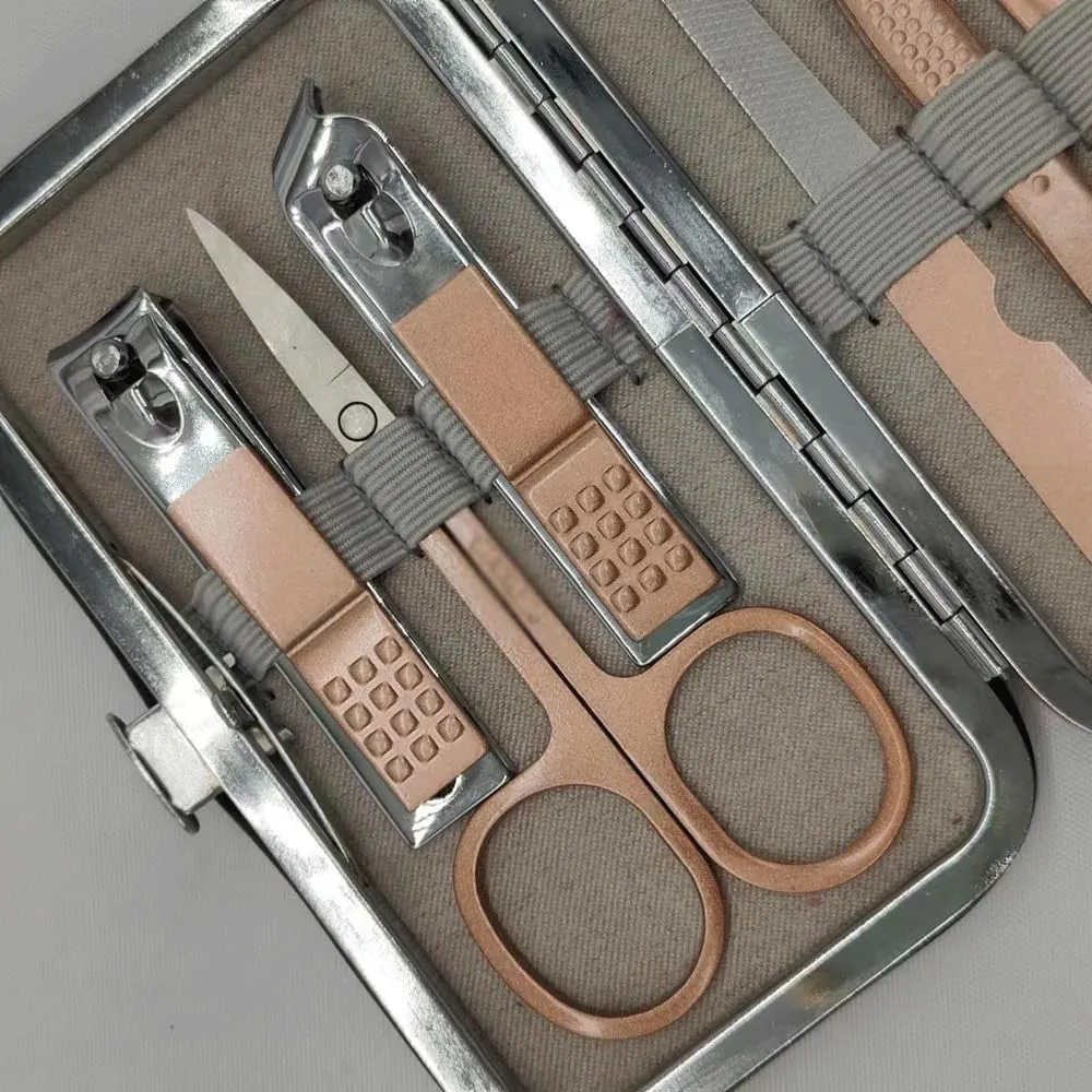 Stainless Steel Champagne Gold Nail 7-Piece Set PU Box Oblique Pliers Foot Trimming Spoon Tool Set