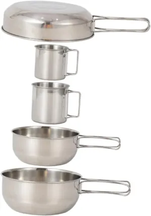 Stainless Steel Cup Pot Set 5pc Camping Cookware Heavy Duty for Outdoor Adventures