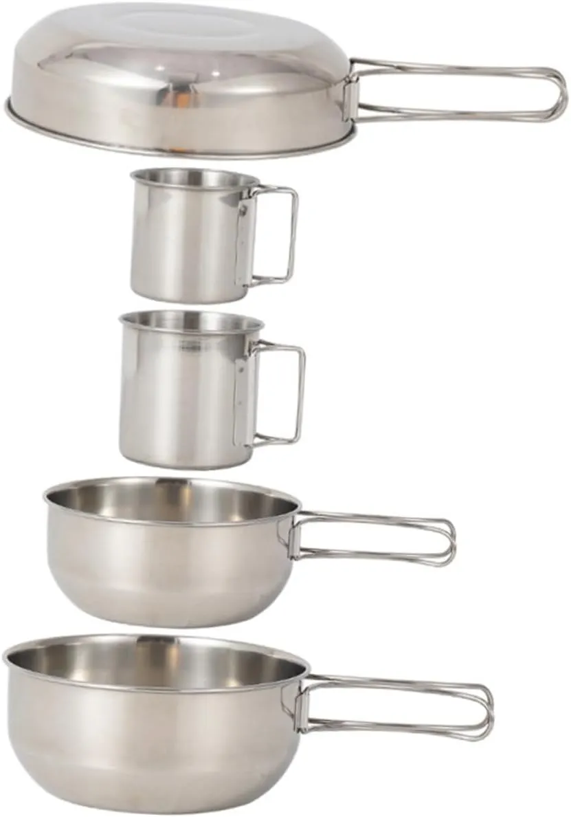 Stainless Steel Cup Pot Set 5pc Camping Cookware Heavy Duty for Outdoor Adventures