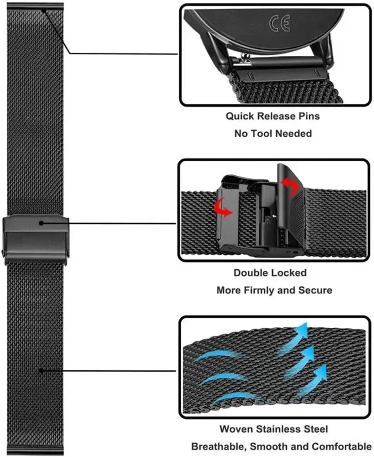 Stainless Steel Metal Woven Watch Bands 14 16 18 20 22 24mm Universal Mesh Strap Quick Change Strap