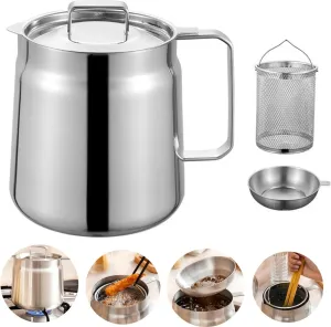 Stainless Steel Oil Filter Pot (68oz), Heavy Duty 2L Bacon Grease Saver with Strainer and deep fryer basket,Multi-function 304 Fat Separator for Kitchen, Bright Silver