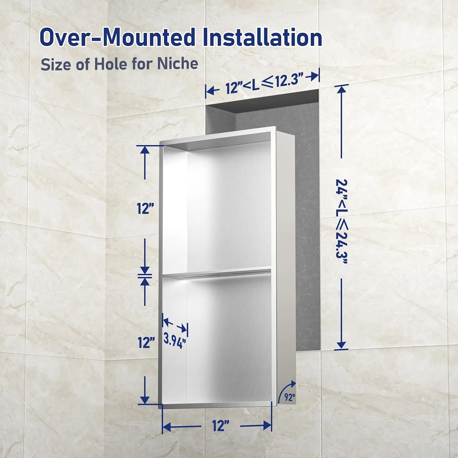 Stainless Steel Shower Niche 24" X 12" Brushed No Tile Needed Wall Niche Double Shelves Recessed Shower Shelf for Bathroom Storage Over Mount Installation