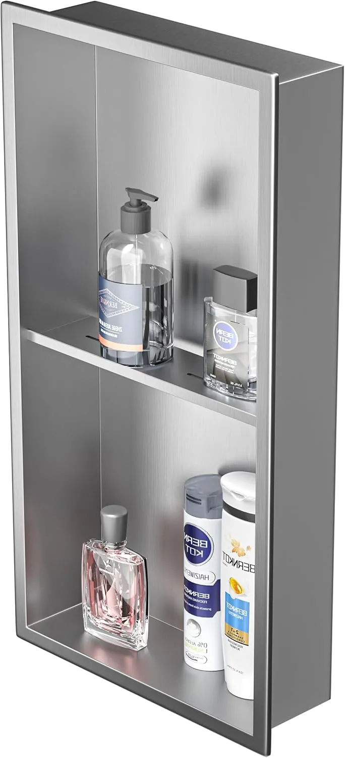 Stainless Steel Shower Niche 24" X 12" Brushed No Tile Needed Wall Niche Double Shelves Recessed Shower Shelf for Bathroom Storage Over Mount Installation