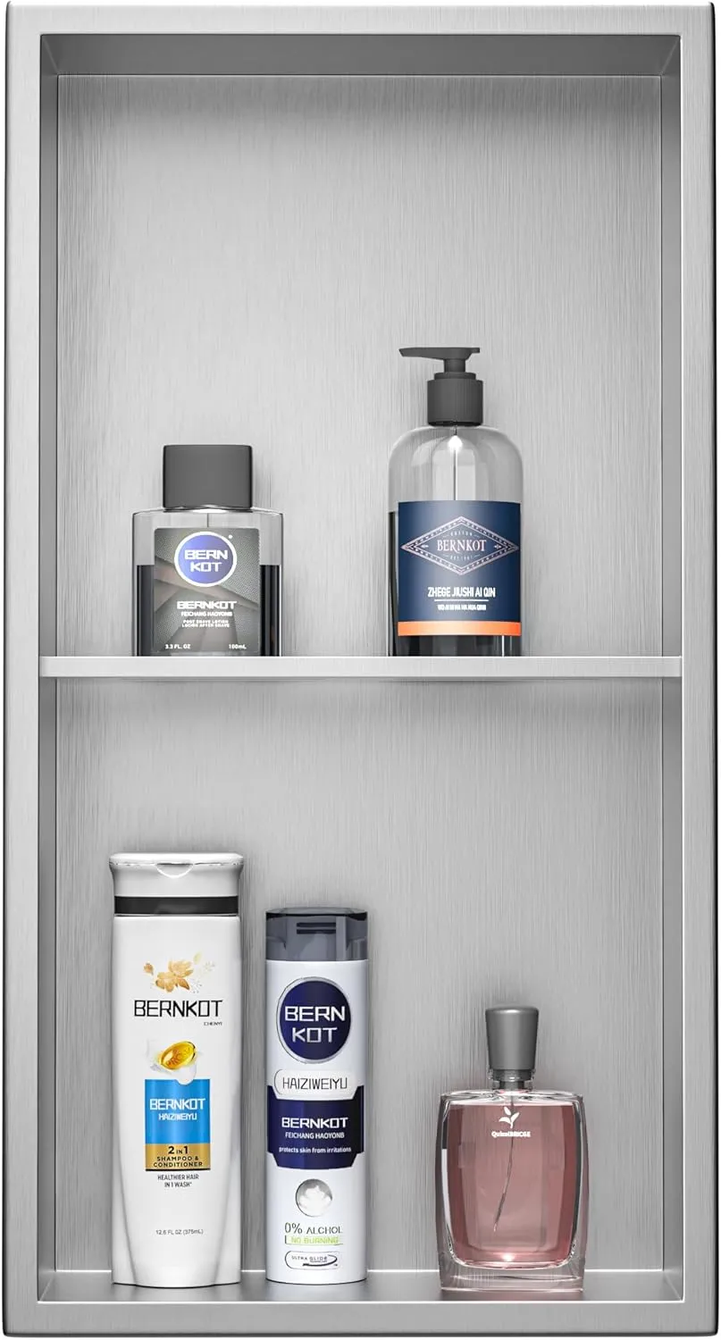 Stainless Steel Shower Niche 24" X 12" Brushed No Tile Needed Wall Niche Double Shelves Recessed Shower Shelf for Bathroom Storage Over Mount Installation