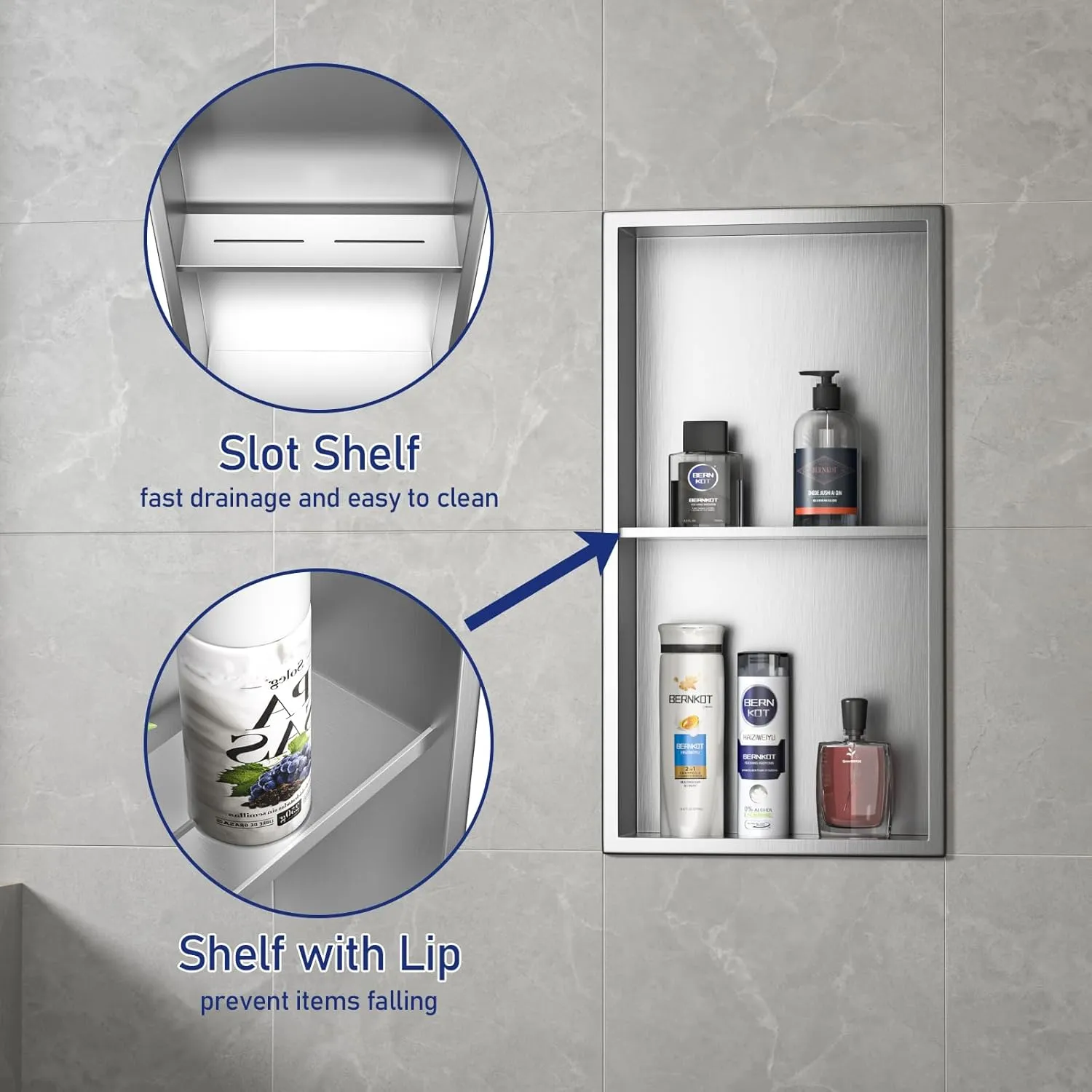 Stainless Steel Shower Niche 24" X 12" Brushed No Tile Needed Wall Niche Double Shelves Recessed Shower Shelf for Bathroom Storage Over Mount Installation