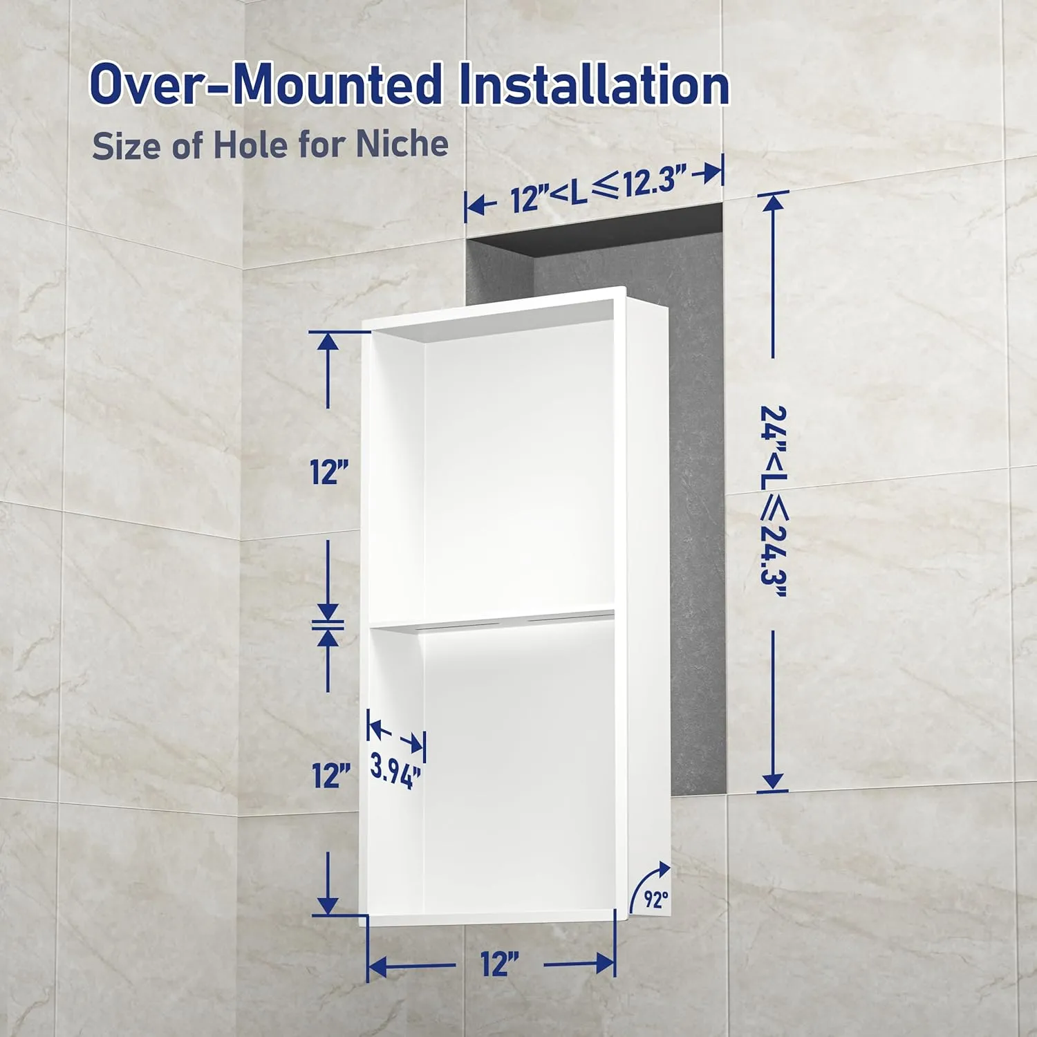 Stainless Steel Shower Niche 24" X 12" Matte White No Tile Needed Wall Niche Double Shelves Recessed Shower Shelf for Bathroom Storage Over Mount Installation