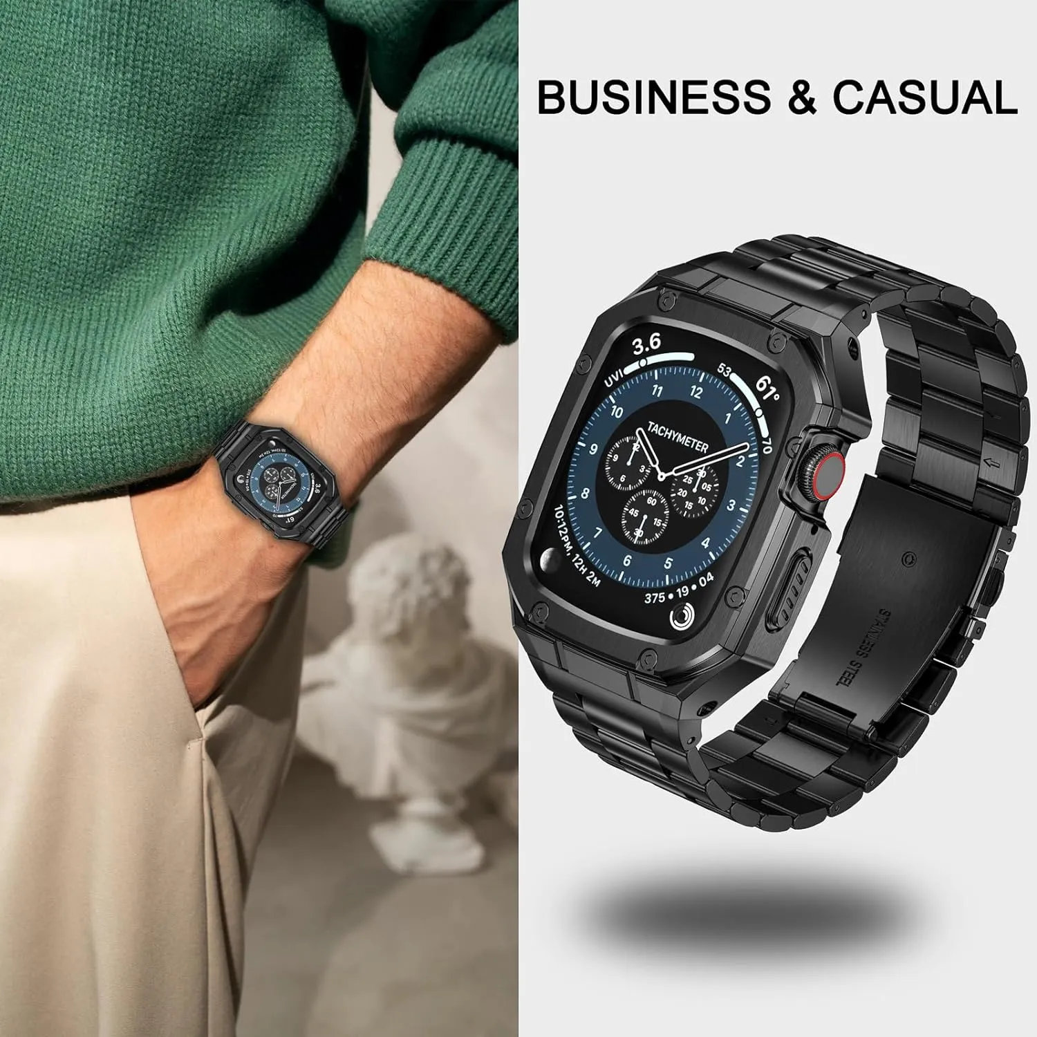 Stainless Steel Watch Band with Case Compatible with Apple Watch Series 9 8 7 45mm, Rugged Strap with Metal Protective Bumper Cover for iWatch Bands Men (Black)