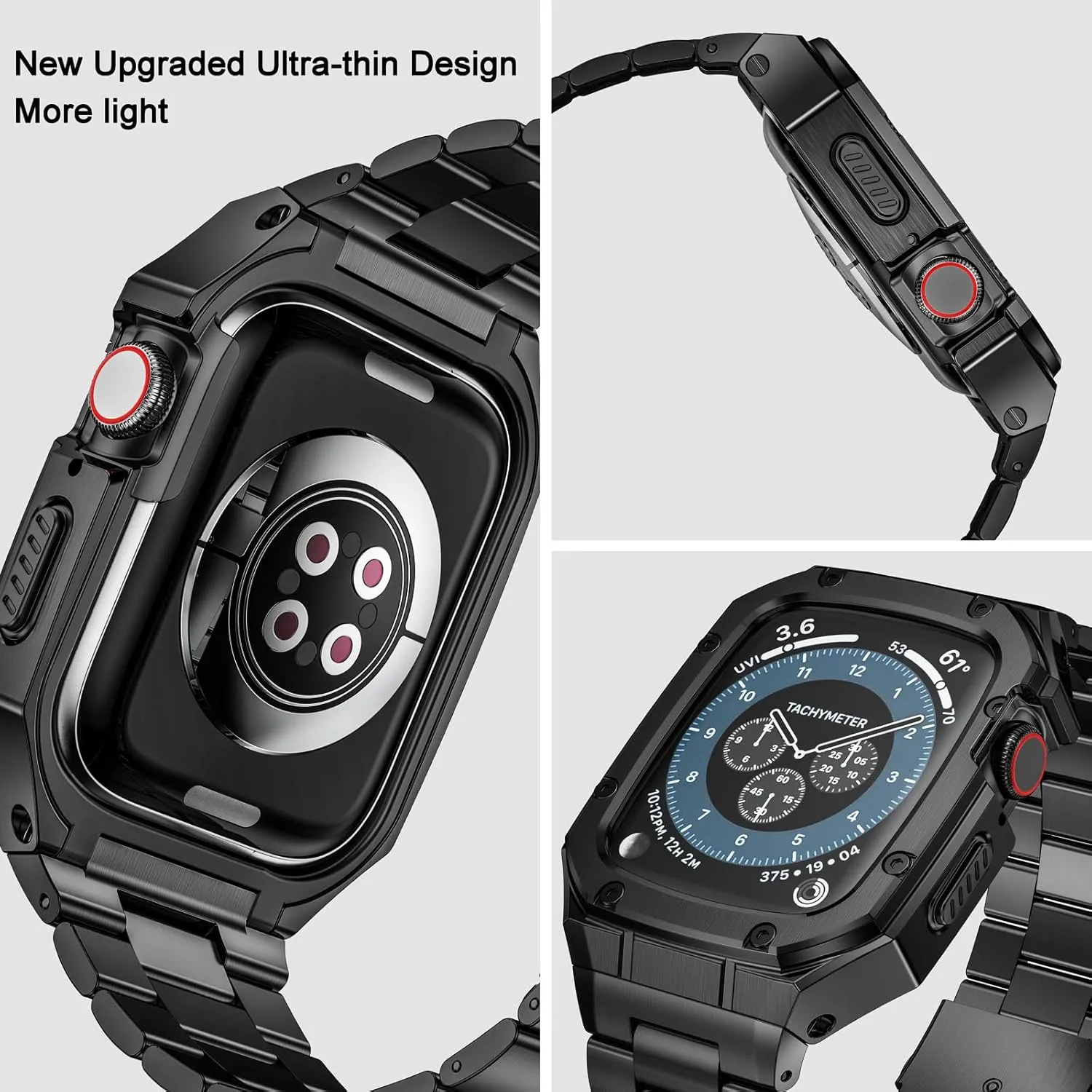 Stainless Steel Watch Band with Case Compatible with Apple Watch Series 9 8 7 45mm, Rugged Strap with Metal Protective Bumper Cover for iWatch Bands Men (Black)