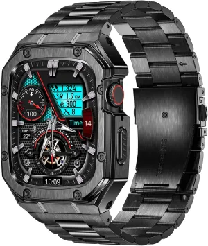 Stainless Steel Watch Band with Case Compatible with Apple Watch Series 9 8 7 45mm, Rugged Strap with Metal Protective Bumper Cover for iWatch Bands Men (Black)