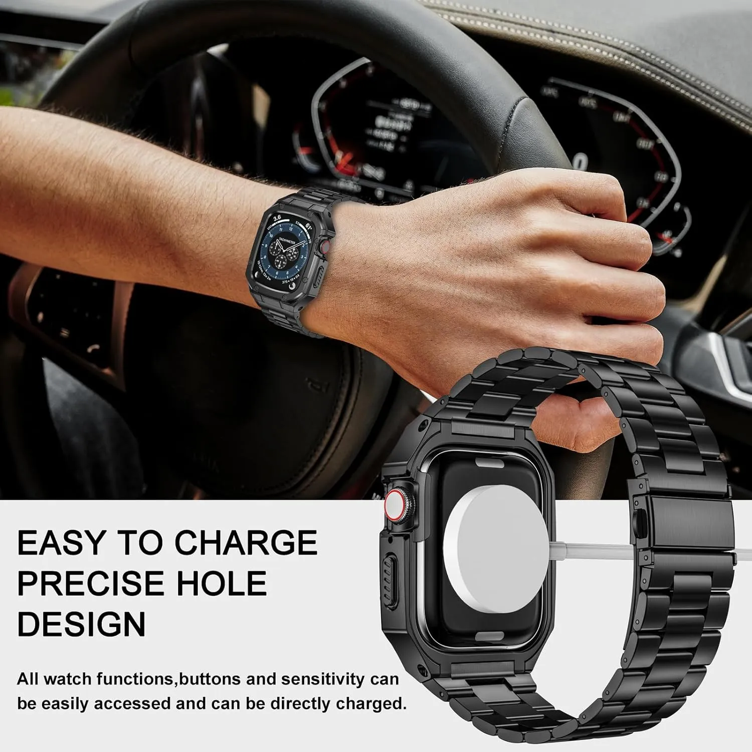 Stainless Steel Watch Band with Case Compatible with Apple Watch Series 9 8 7 45mm, Rugged Strap with Metal Protective Bumper Cover for iWatch Bands Men (Black)
