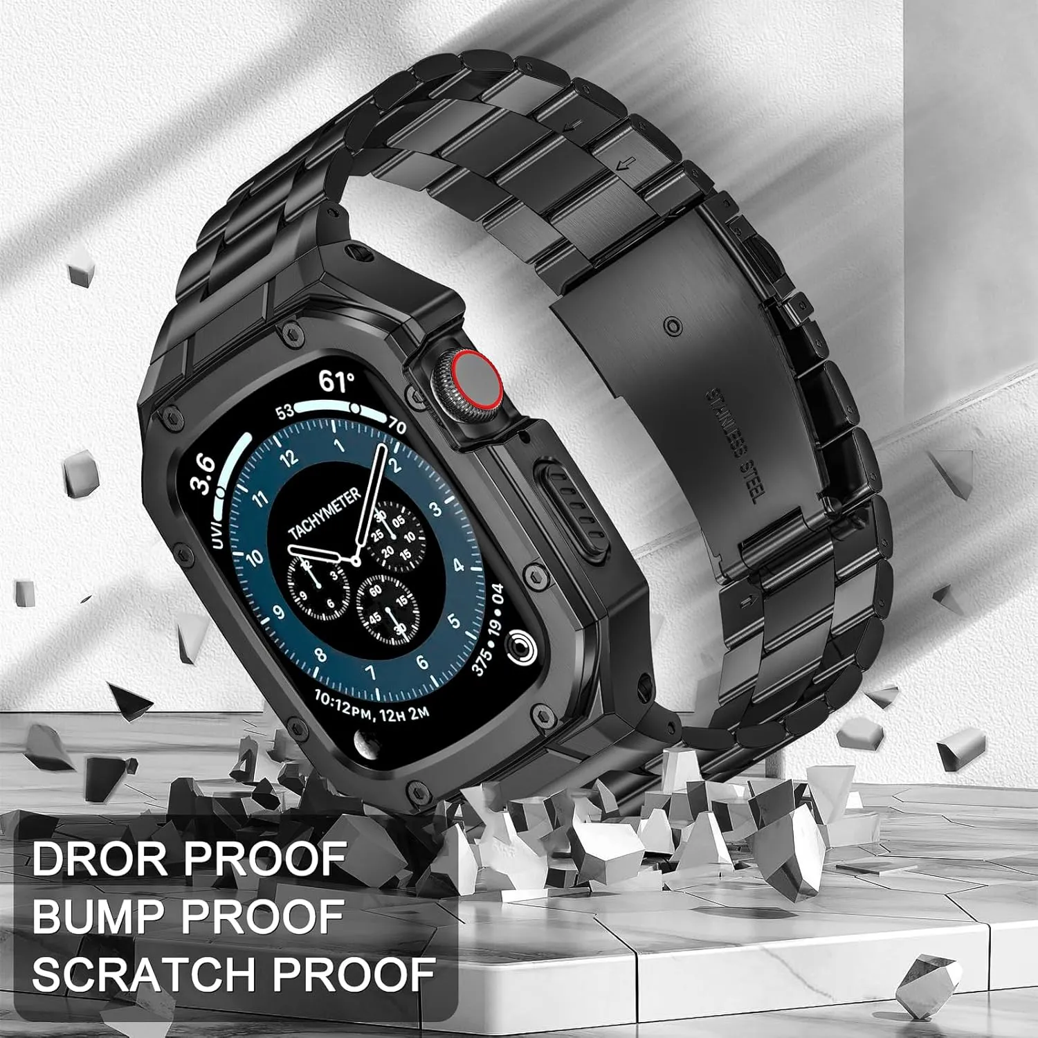 Stainless Steel Watch Band with Case Compatible with Apple Watch Series 9 8 7 45mm, Rugged Strap with Metal Protective Bumper Cover for iWatch Bands Men (Black)
