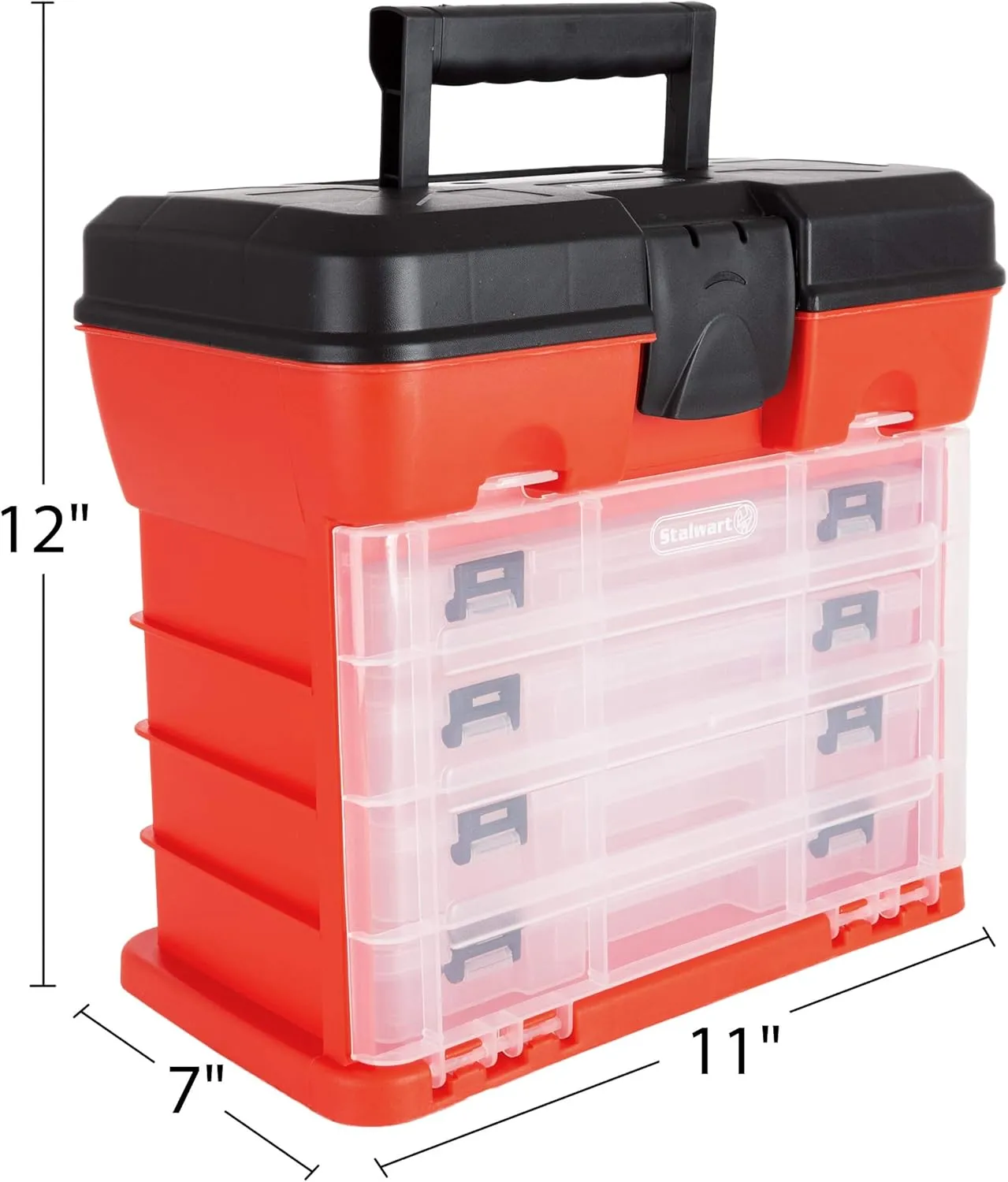 Storage Tool Box - Portable Multipurpose Organizer With Main Top Compartment and 4 Removable Multi-Compartment Trays by Stalwart,Red,11 in x 7 in x 10 in