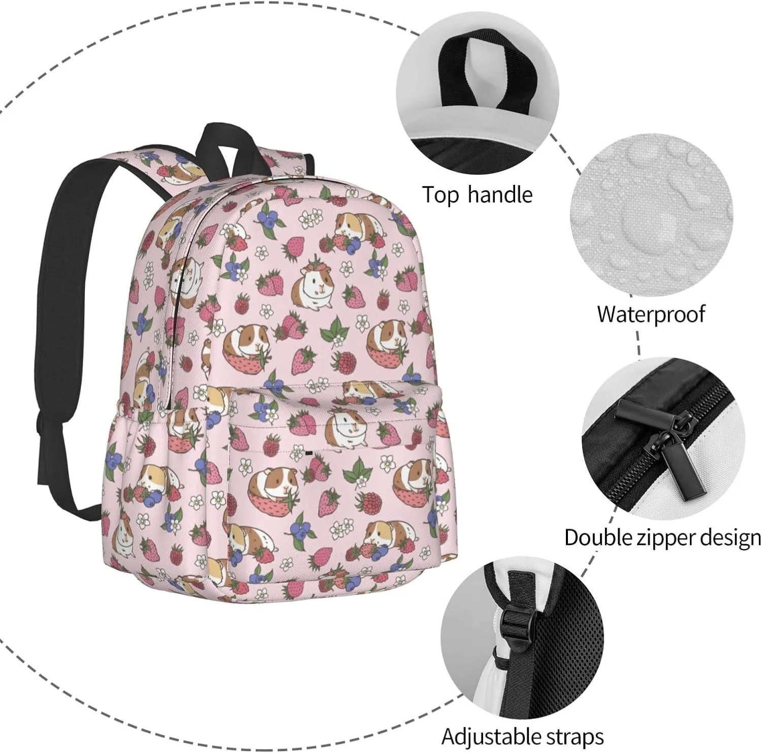Strawberry Backpack 17 Inch Guinea Pig Casual Daypack Lightweight Kids School Backpack Campus Bag for Girls Women Back to School