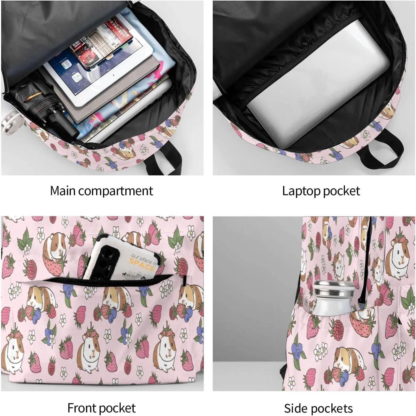 Strawberry Backpack 17 Inch Guinea Pig Casual Daypack Lightweight Kids School Backpack Campus Bag for Girls Women Back to School