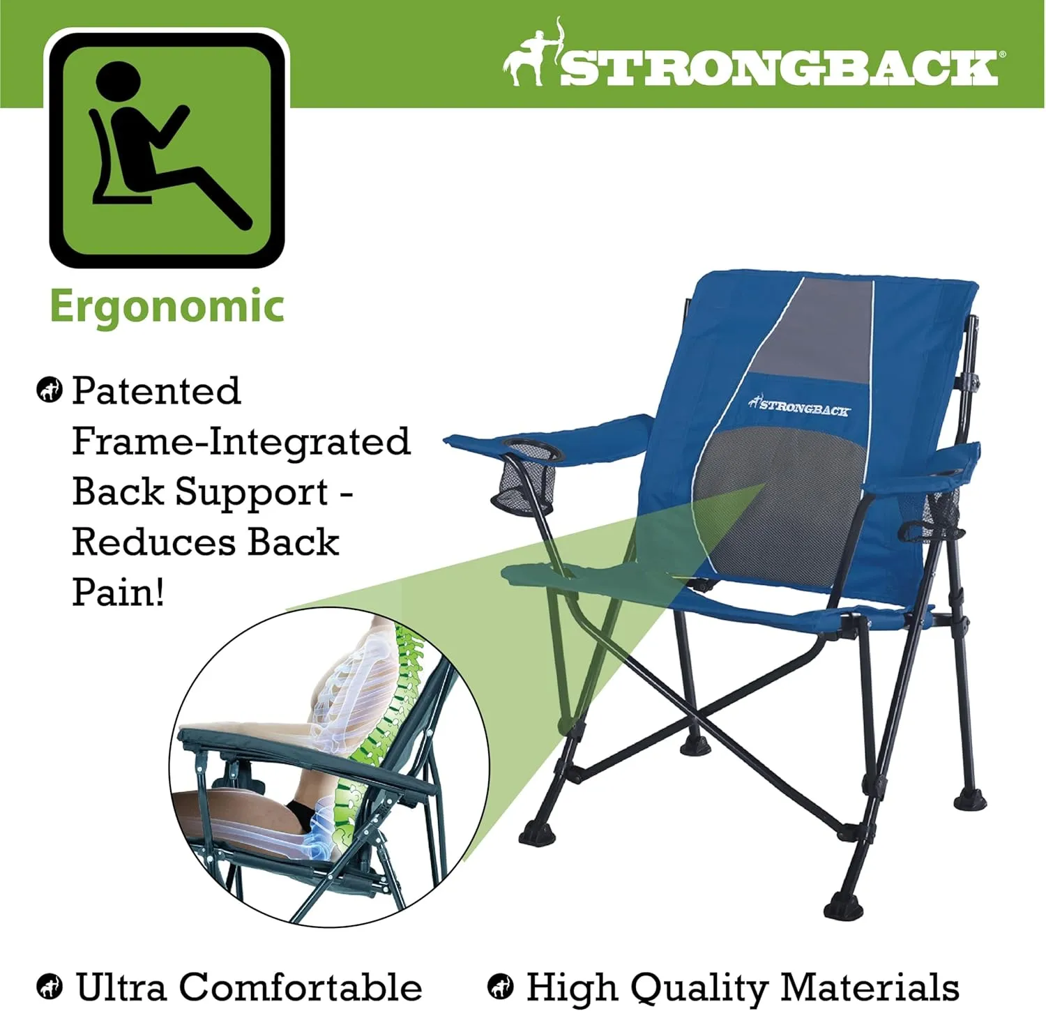 STRONGBACK Camping Chair Guru Heavy Duty Camping Chairs with Lumbar Suppor - Backpack Folding Camp Chair - Navy