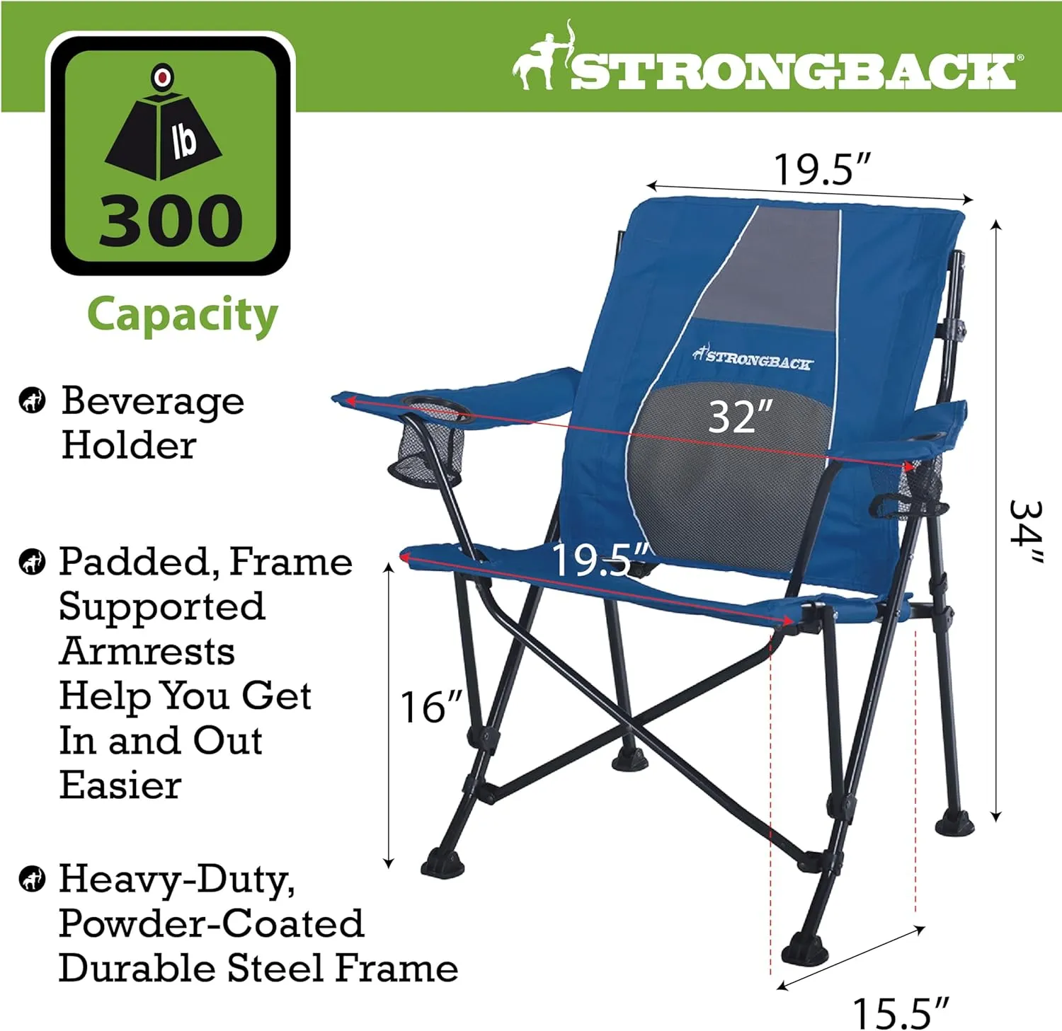 STRONGBACK Camping Chair Guru Heavy Duty Camping Chairs with Lumbar Suppor - Backpack Folding Camp Chair - Navy