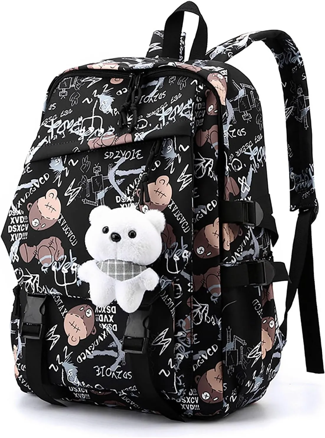 Stylish Casual Graffiti Print Lightweight Large Capacity College Travel Backpack Daypack for Women Men (Black)