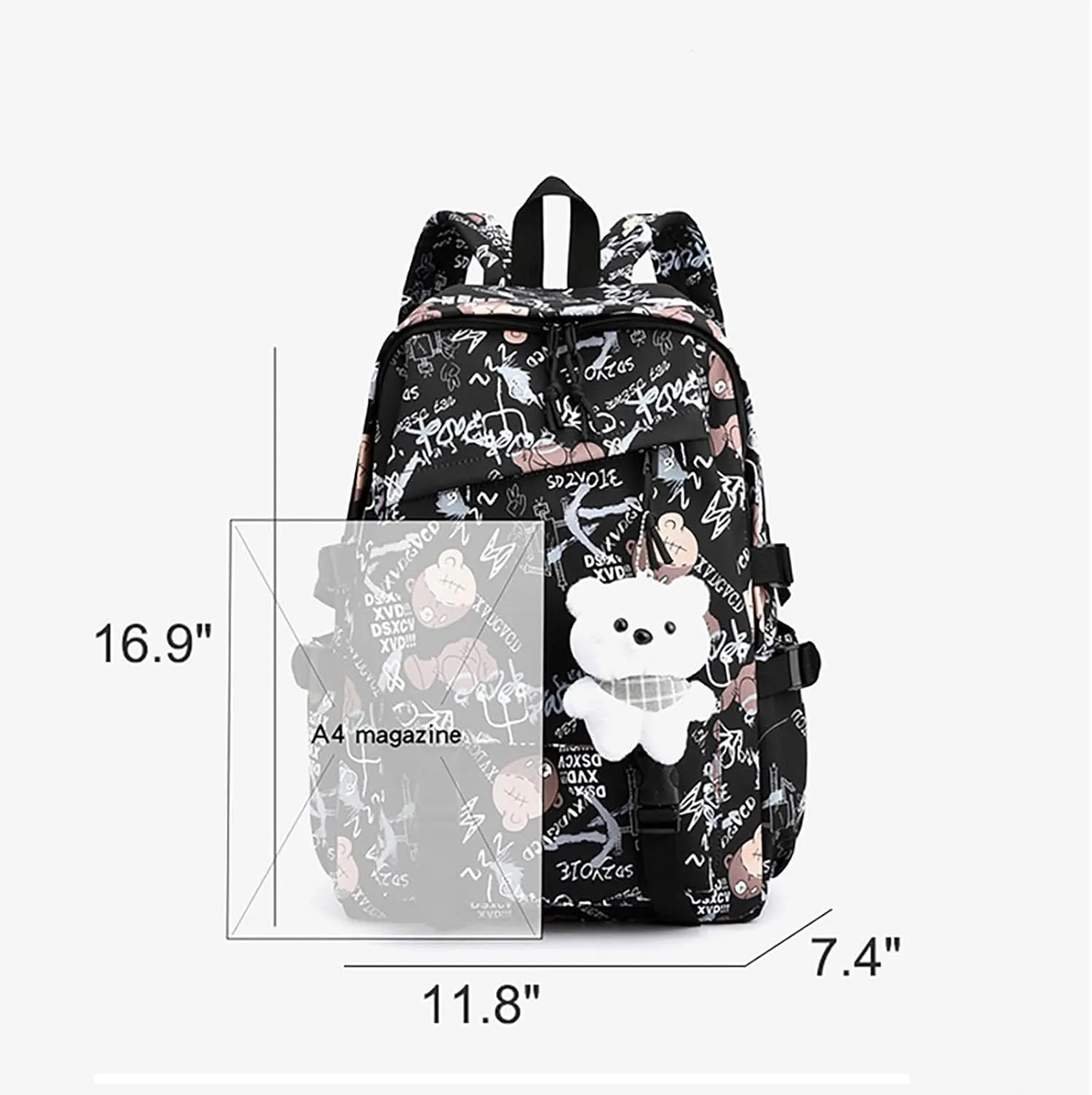 Stylish Casual Graffiti Print Lightweight Large Capacity College Travel Backpack Daypack for Women Men (Black)