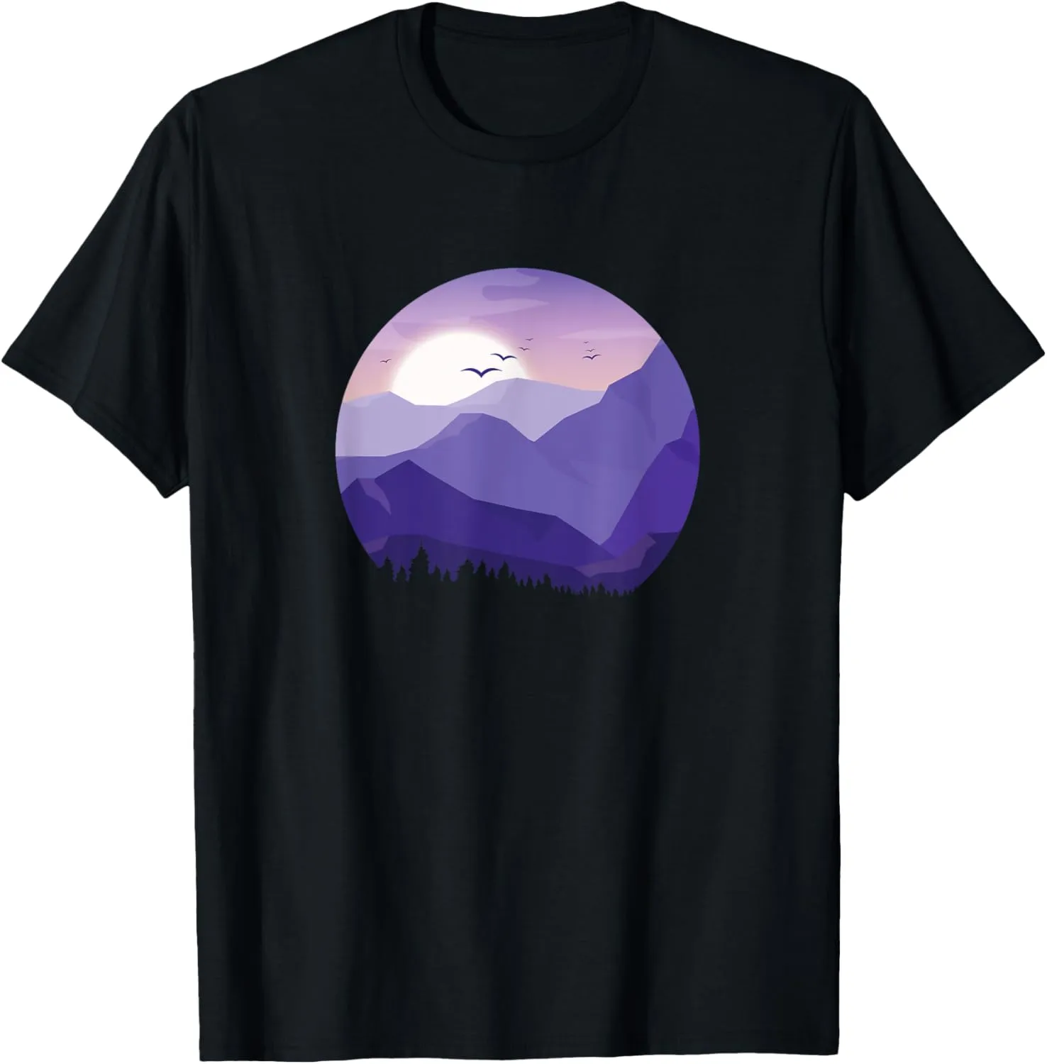 Sunrise Birds Forest Scene Mountain Silhouette T-Shirt
