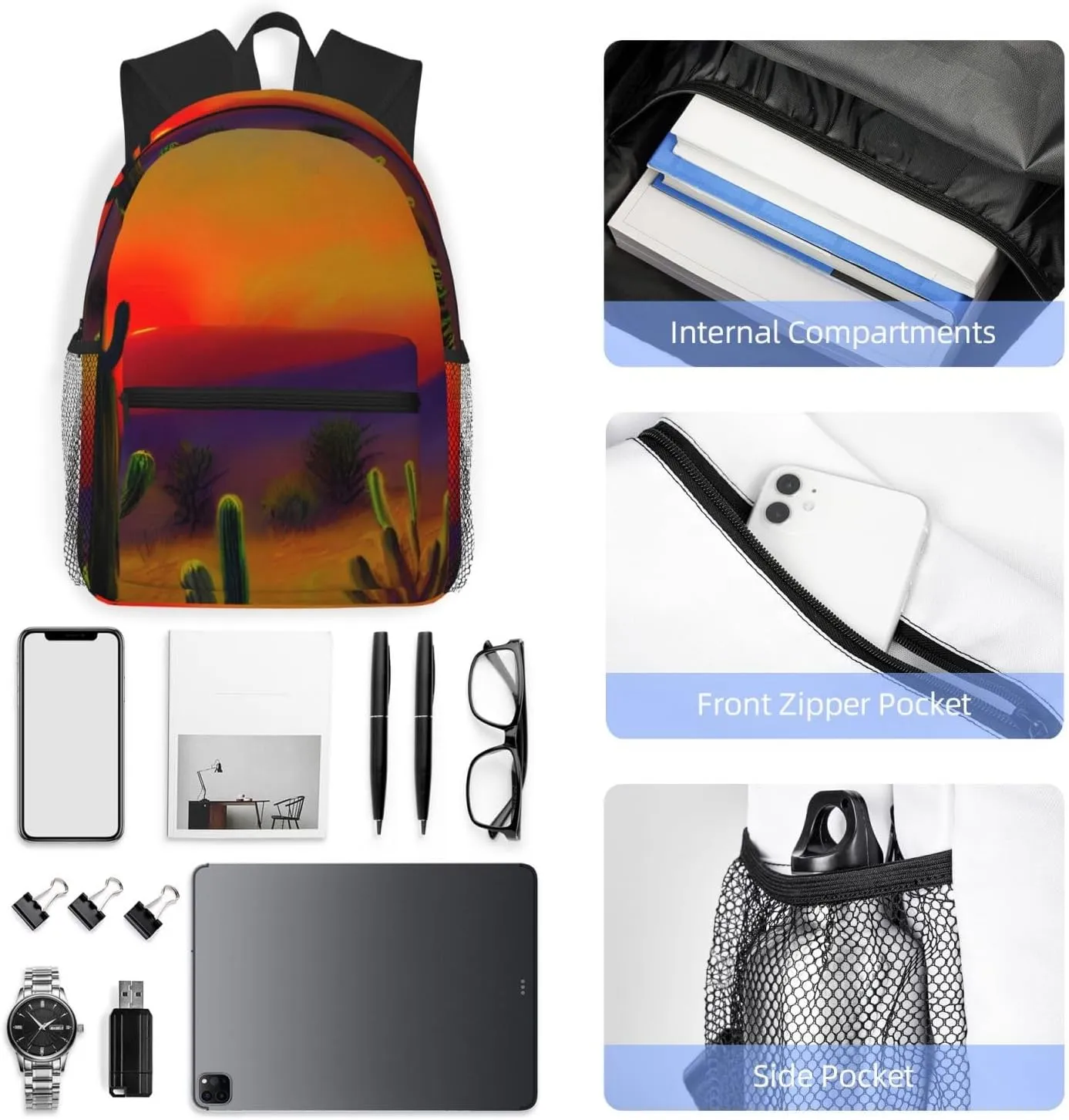 Sunset Cactus In Desert Print Trendy Leisure Backpack Your Ideal Travel Companion,A Must-Have For Outdoor Travels