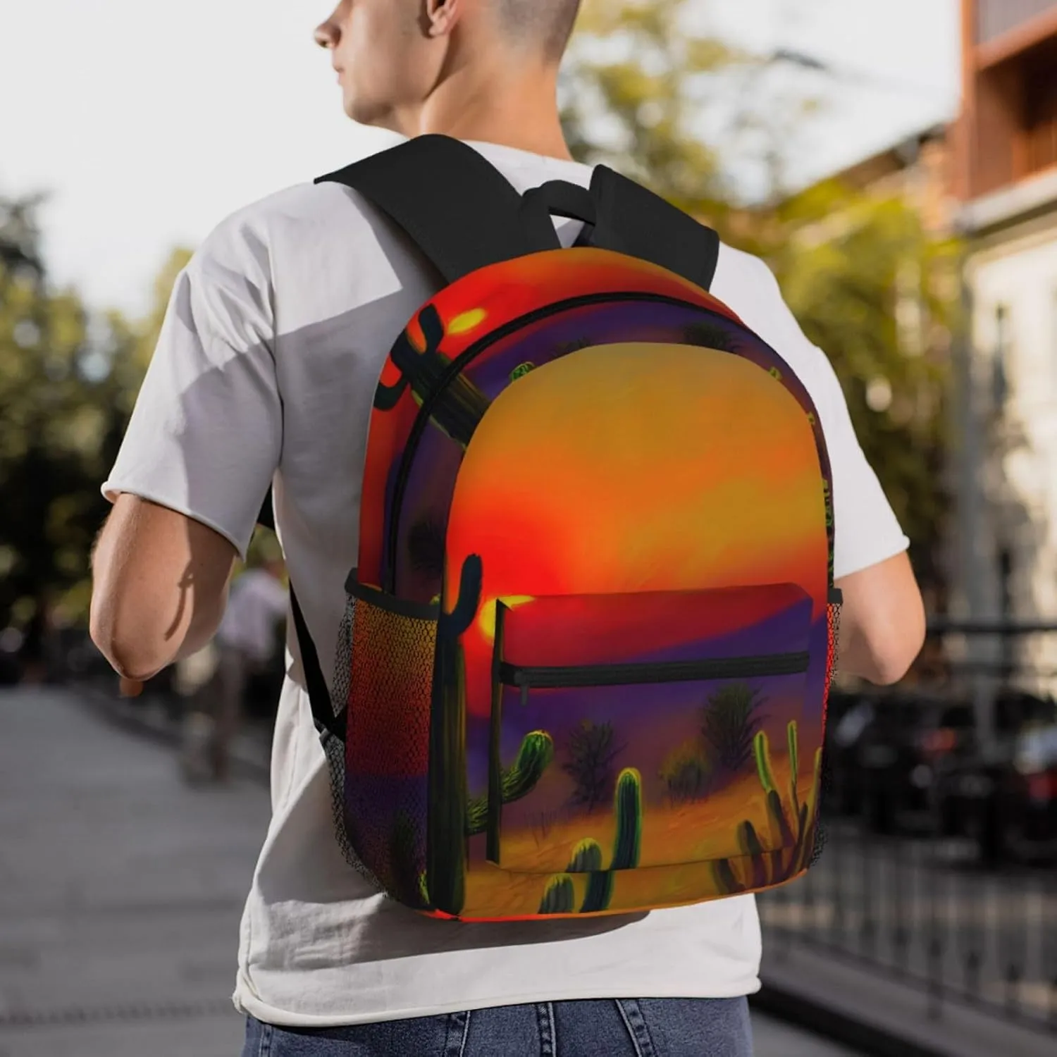 Sunset Cactus In Desert Print Trendy Leisure Backpack Your Ideal Travel Companion,A Must-Have For Outdoor Travels