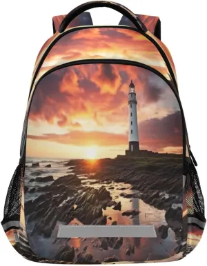 Sunset Lighthouse Design Waterproof Backpack - Casual Outdoor Sports Daypack with Ergonomic Shoulder Straps#797