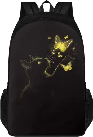 Suobstales Cat Butterfly Pattern School Backpack for Teen Boy Girl Large Schoolbags with 2 Compartments Lightweight Casual Travel Laptop Backpack with Two Compartment
