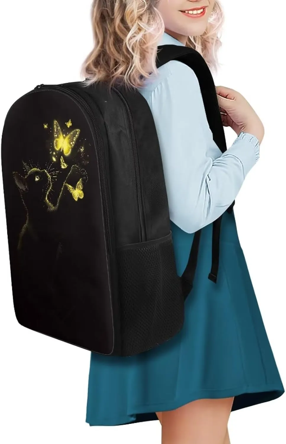 Suobstales Cat Butterfly Pattern School Backpack for Teen Boy Girl Large Schoolbags with 2 Compartments Lightweight Casual Travel Laptop Backpack with Two Compartment