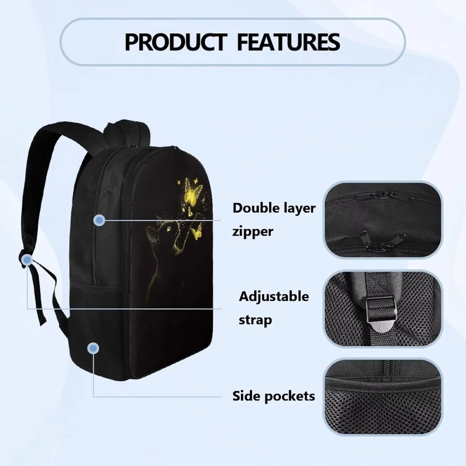 Suobstales Cat Butterfly Pattern School Backpack for Teen Boy Girl Large Schoolbags with 2 Compartments Lightweight Casual Travel Laptop Backpack with Two Compartment