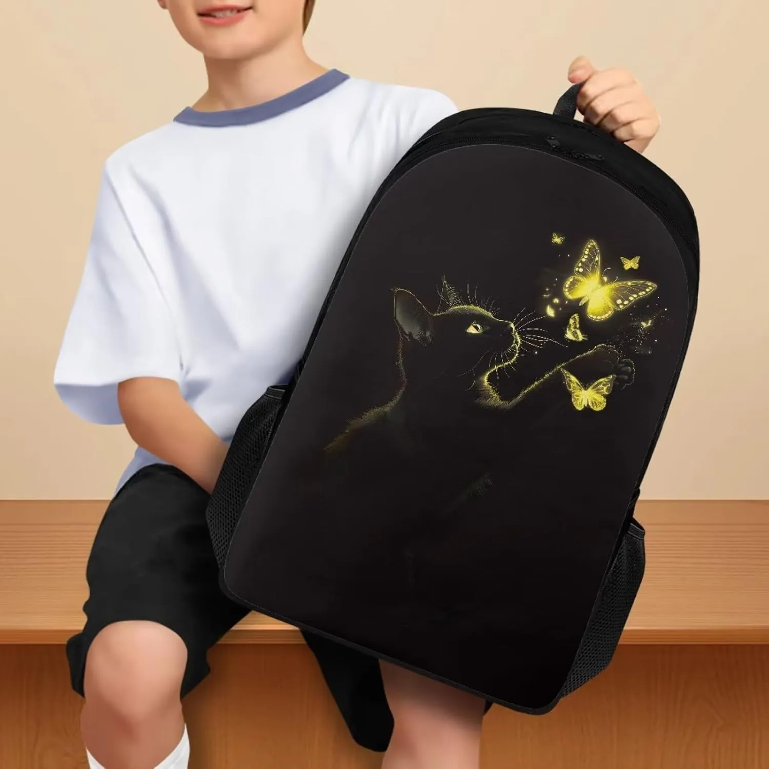 Suobstales Cat Butterfly Pattern School Backpack for Teen Boy Girl Large Schoolbags with 2 Compartments Lightweight Casual Travel Laptop Backpack with Two Compartment