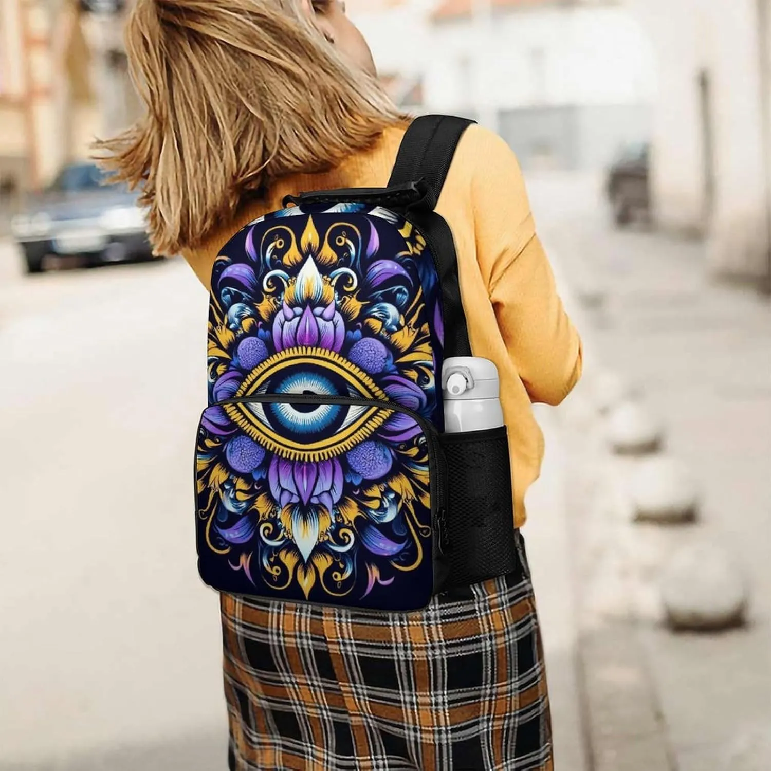Supdreamc Abstract Eye Boho Indian Ethnic Style Shoulder Book Bags Polyester Multipurpose Anti-Theft Carry On Bag Large Capacity Travel Hiking & Camping Rucksack