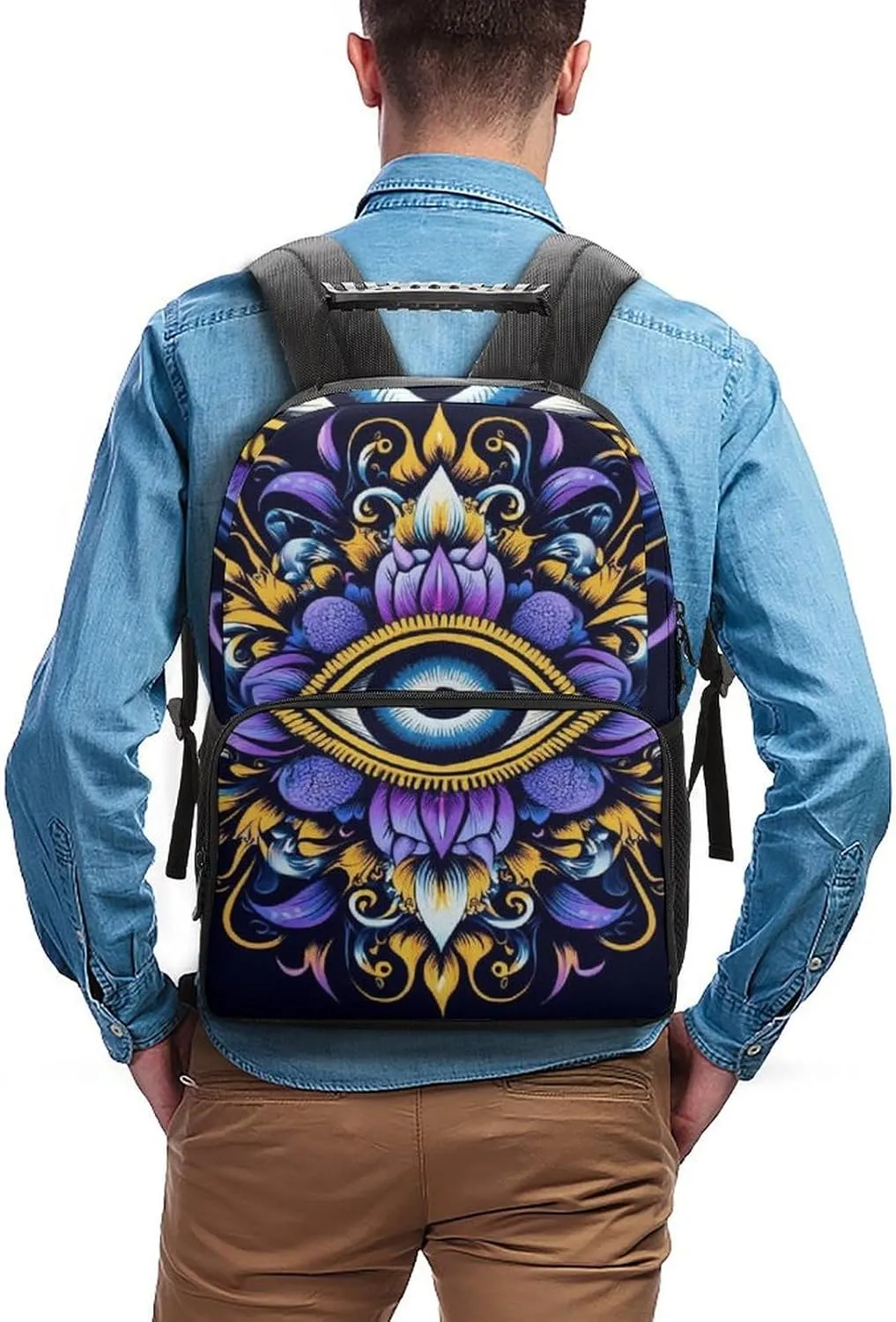 Supdreamc Abstract Eye Boho Indian Ethnic Style Shoulder Book Bags Polyester Multipurpose Anti-Theft Carry On Bag Large Capacity Travel Hiking & Camping Rucksack