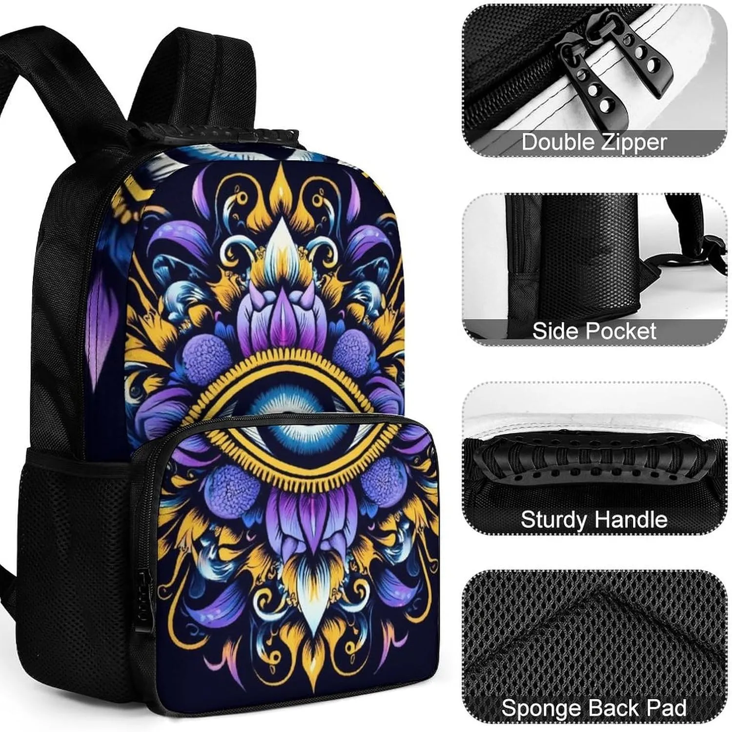Supdreamc Abstract Eye Boho Indian Ethnic Style Shoulder Book Bags Polyester Multipurpose Anti-Theft Carry On Bag Large Capacity Travel Hiking & Camping Rucksack