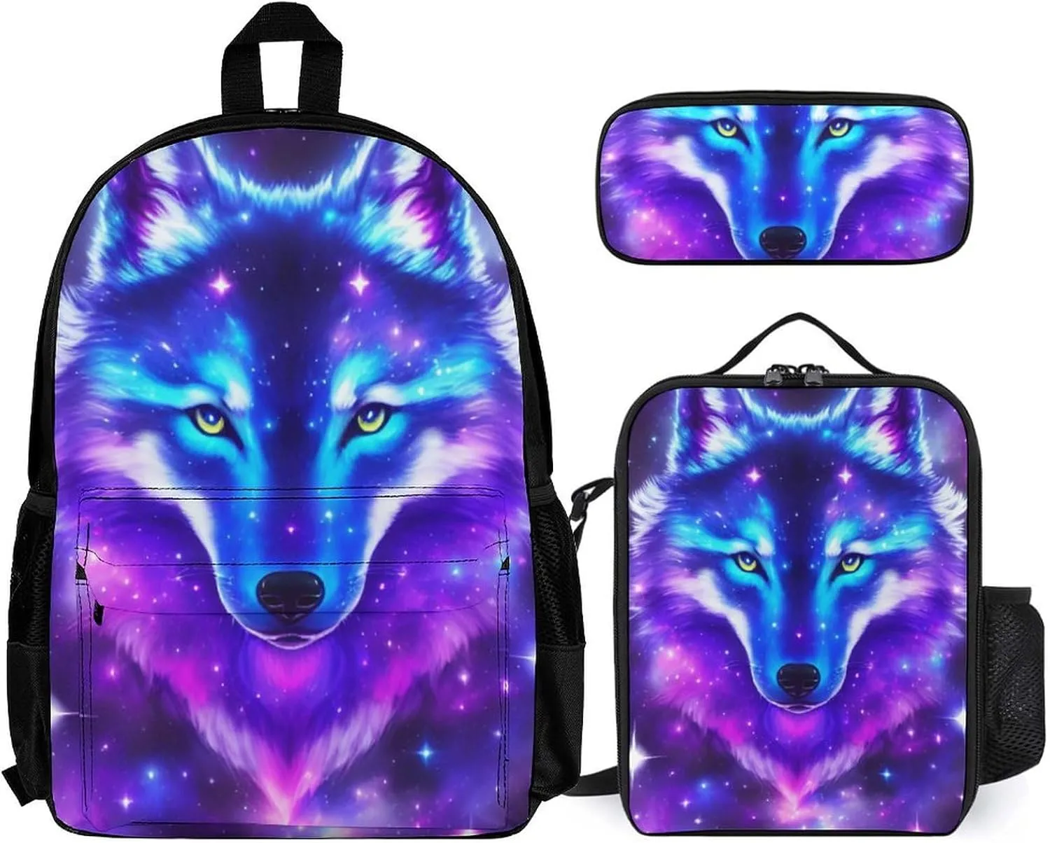 Supdreamc Adults Backpack Sets - Galaxy Wolf Magical Space Art Shoulder Bag Daypack Backpack Travel Hiking Bag & Day Pack, 3 Piece Daypack Climbing Shoulder Bag