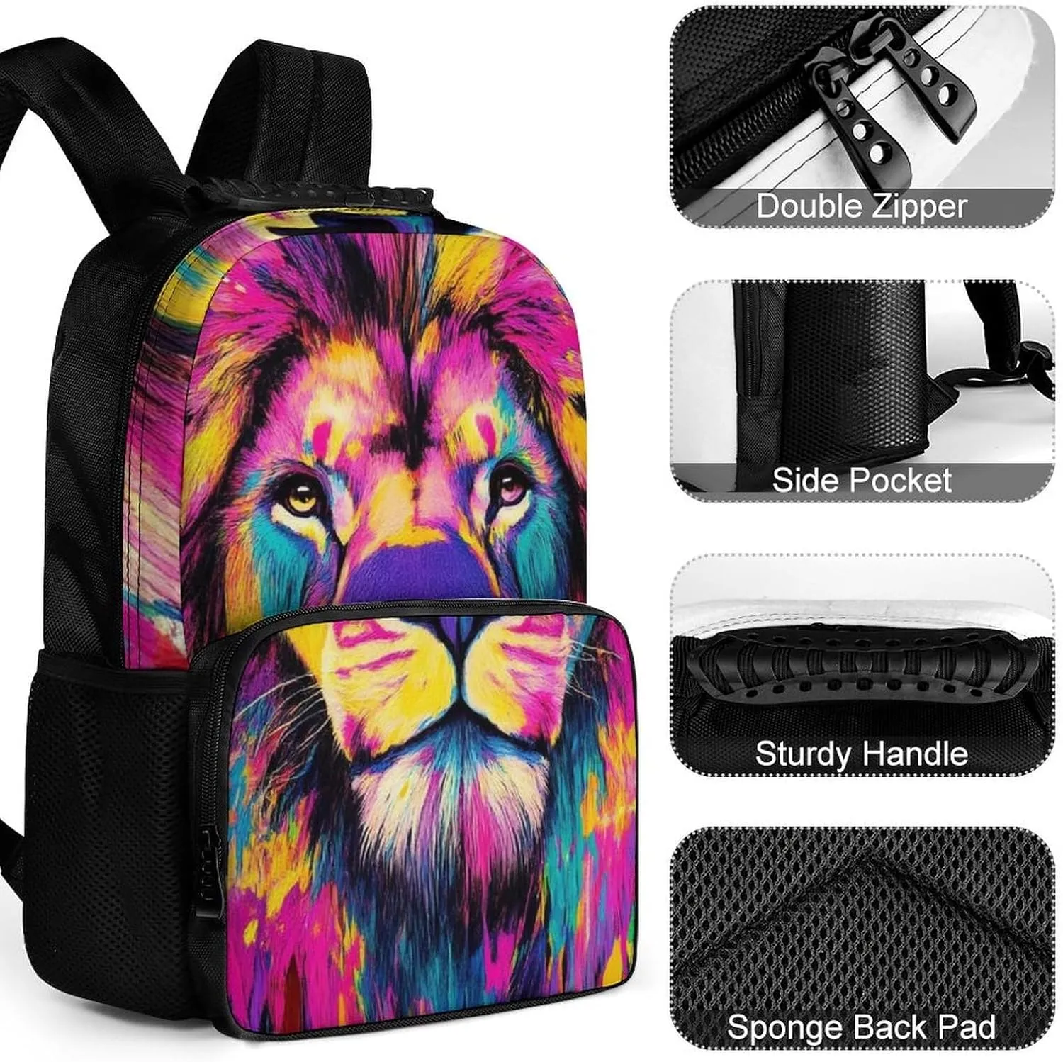Supdreamc Adults Lightweight Animal King Trippy Lion Watercolor Art Rucksacks Large Capacity Bookbag With Adjustable Shoulder Straps for Trekking Outdoors Bicycle