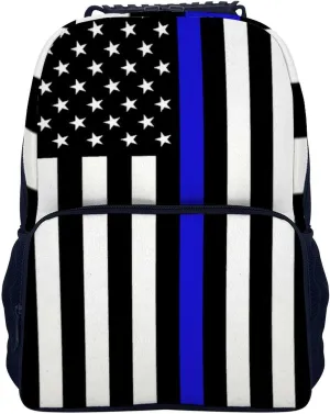 Supdreamc American Thin Blue Line Flag Police Pattern Black Rucksacks Lightweight Multipurpose Anti-Theft Shoulder Bag Big Capacity Traveling & Camping Backpack With Side Pockets