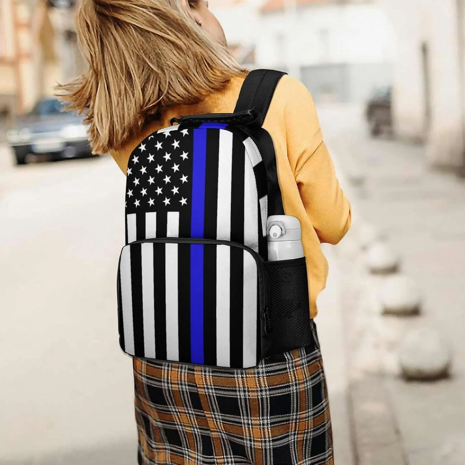 Supdreamc American Thin Blue Line Flag Police Pattern Black Rucksacks Lightweight Multipurpose Anti-Theft Shoulder Bag Big Capacity Traveling & Camping Backpack With Side Pockets