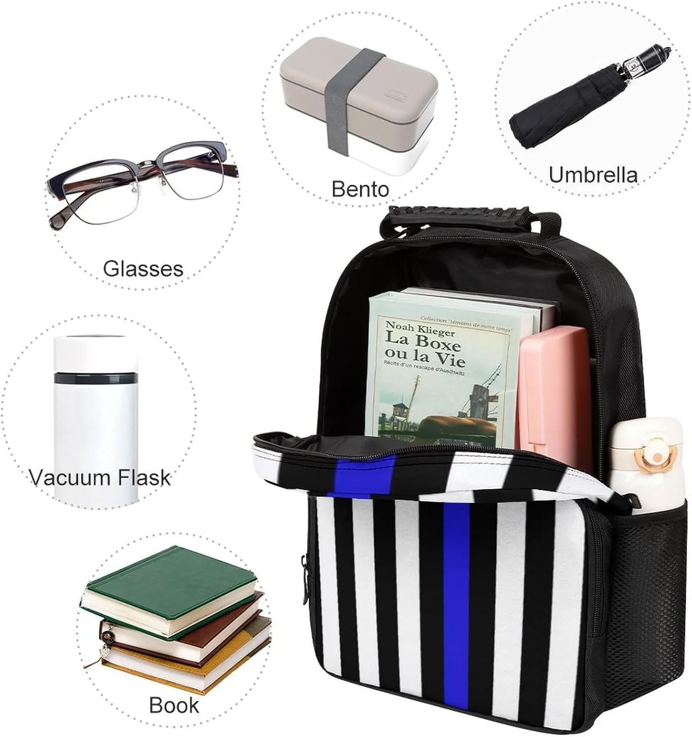 Supdreamc American Thin Blue Line Flag Police Pattern Black Rucksacks Lightweight Multipurpose Anti-Theft Shoulder Bag Big Capacity Traveling & Camping Backpack With Side Pockets