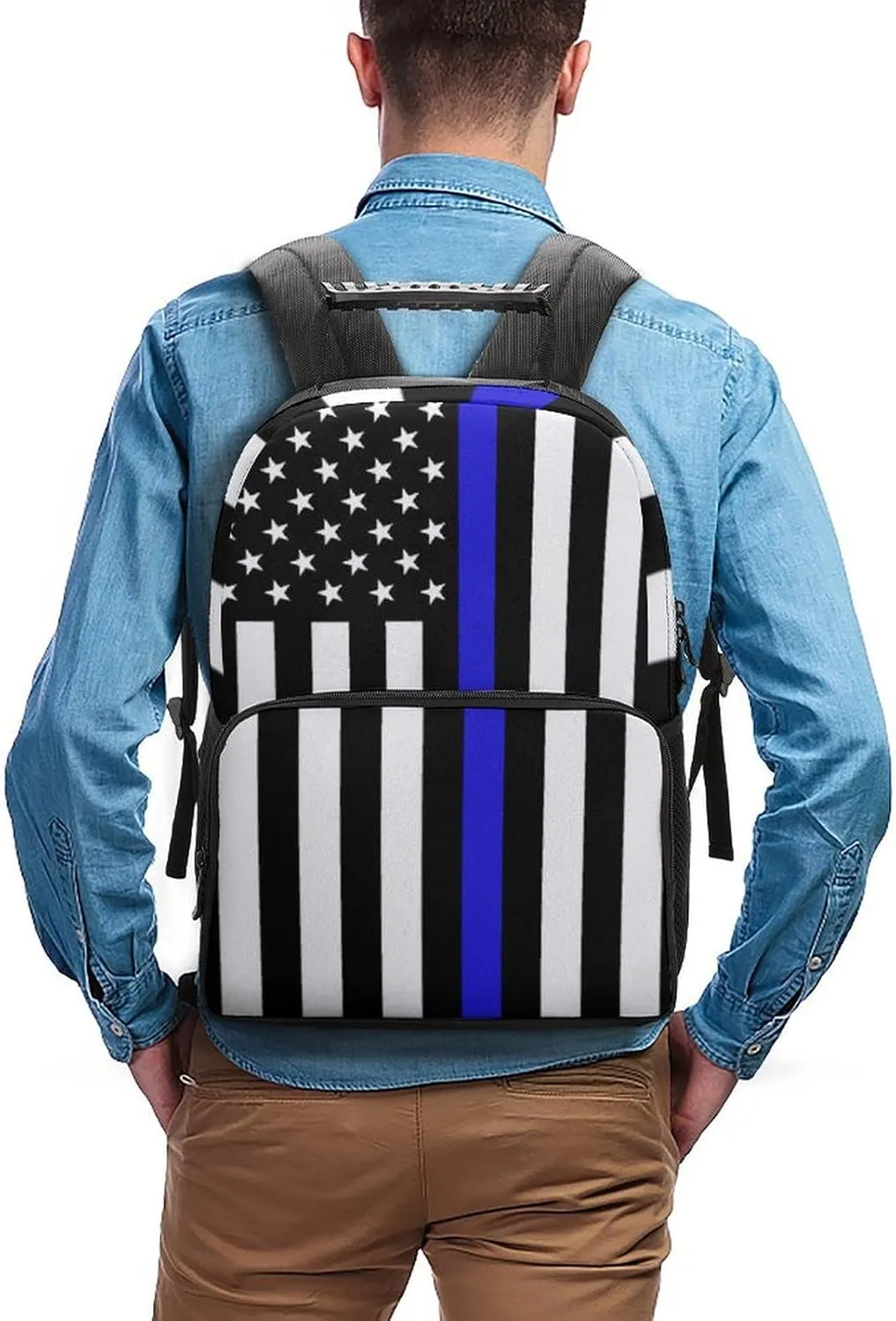 Supdreamc American Thin Blue Line Flag Police Pattern Black Rucksacks Lightweight Multipurpose Anti-Theft Shoulder Bag Big Capacity Traveling & Camping Backpack With Side Pockets