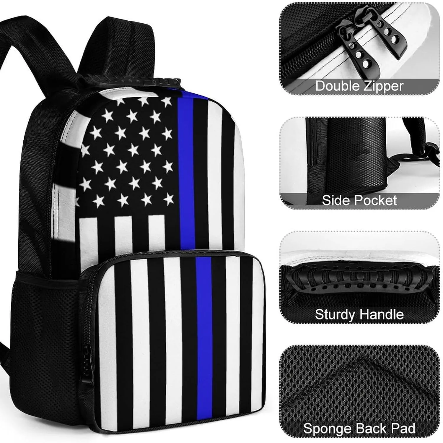 Supdreamc American Thin Blue Line Flag Police Pattern Black Rucksacks Lightweight Multipurpose Anti-Theft Shoulder Bag Big Capacity Traveling & Camping Backpack With Side Pockets