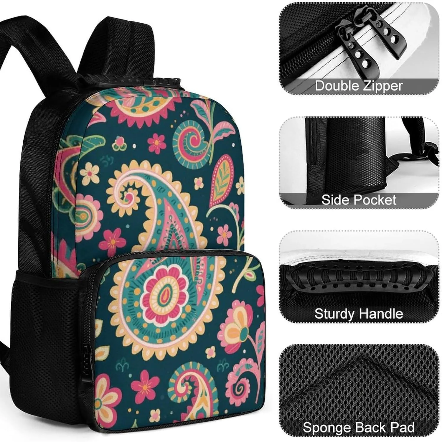 Supdreamc Colorful Flowers Leaves Paisley Art Rucksacks Lightweight Multipurpose Anti-Theft Shoulder Bag Large Capacity Business Computer Bag With Smooth Zippers