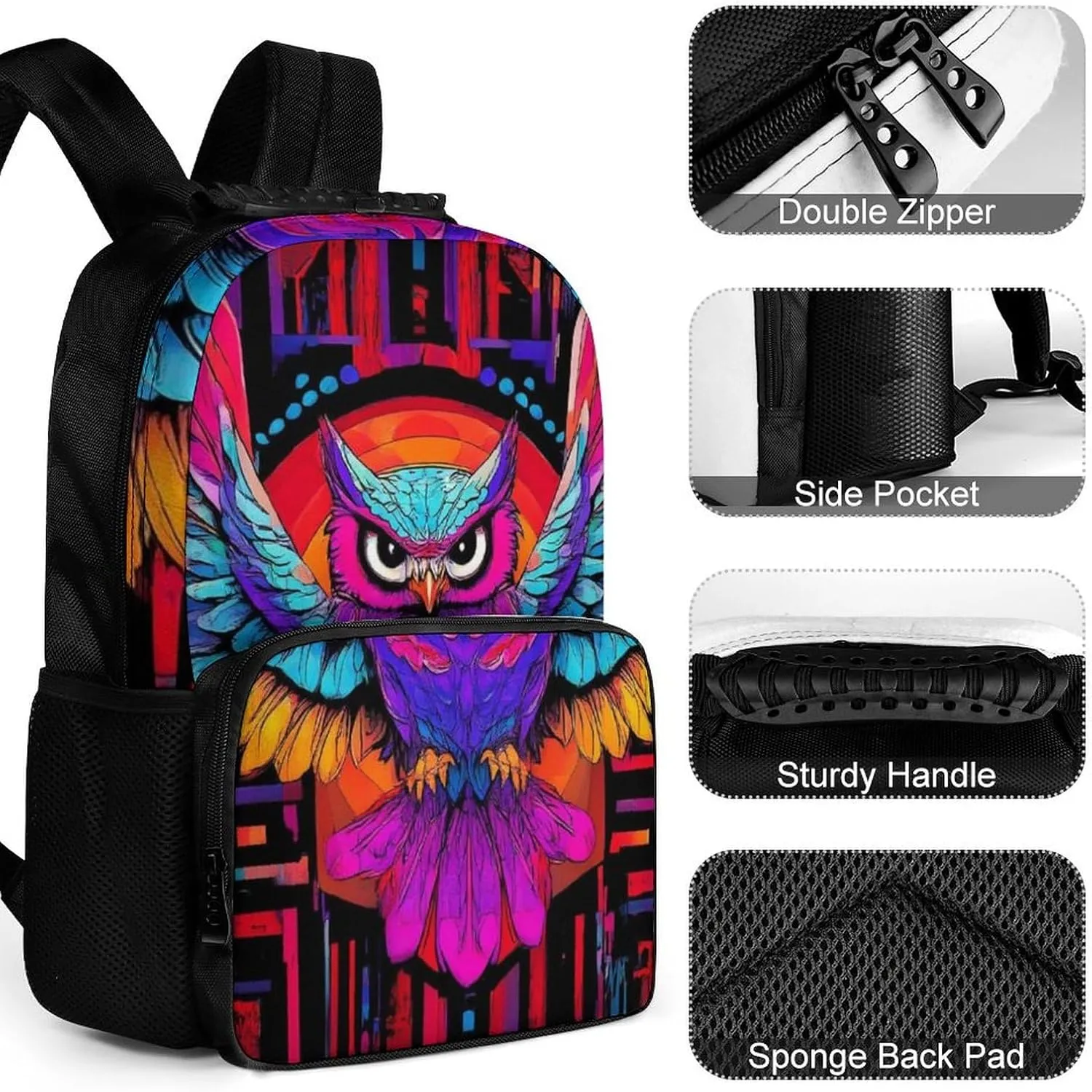 Supdreamc Colorful Hippie Owl Magical Bird Art Daypack Backpack Polyester Anti-Theft Multipurpose Bookbag Big Capacity Travel Hiking & Camping Rucksack With Smooth Zippers
