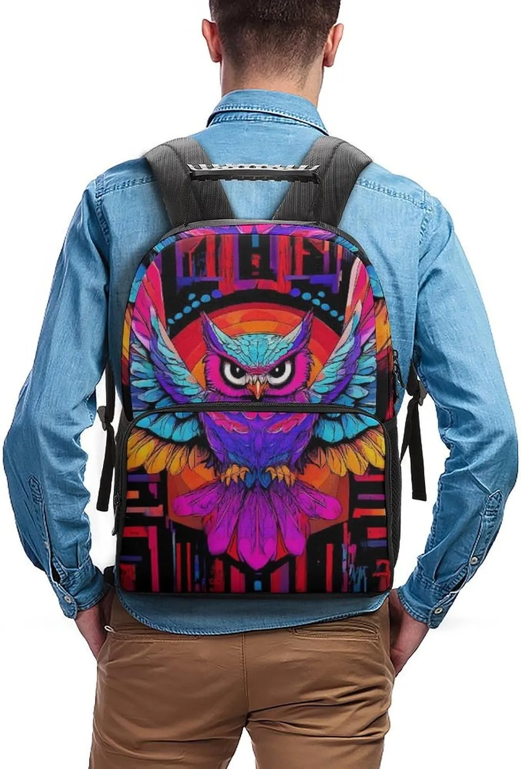 Supdreamc Colorful Hippie Owl Magical Bird Art Daypack Backpack Polyester Anti-Theft Multipurpose Bookbag Big Capacity Travel Hiking & Camping Rucksack With Smooth Zippers