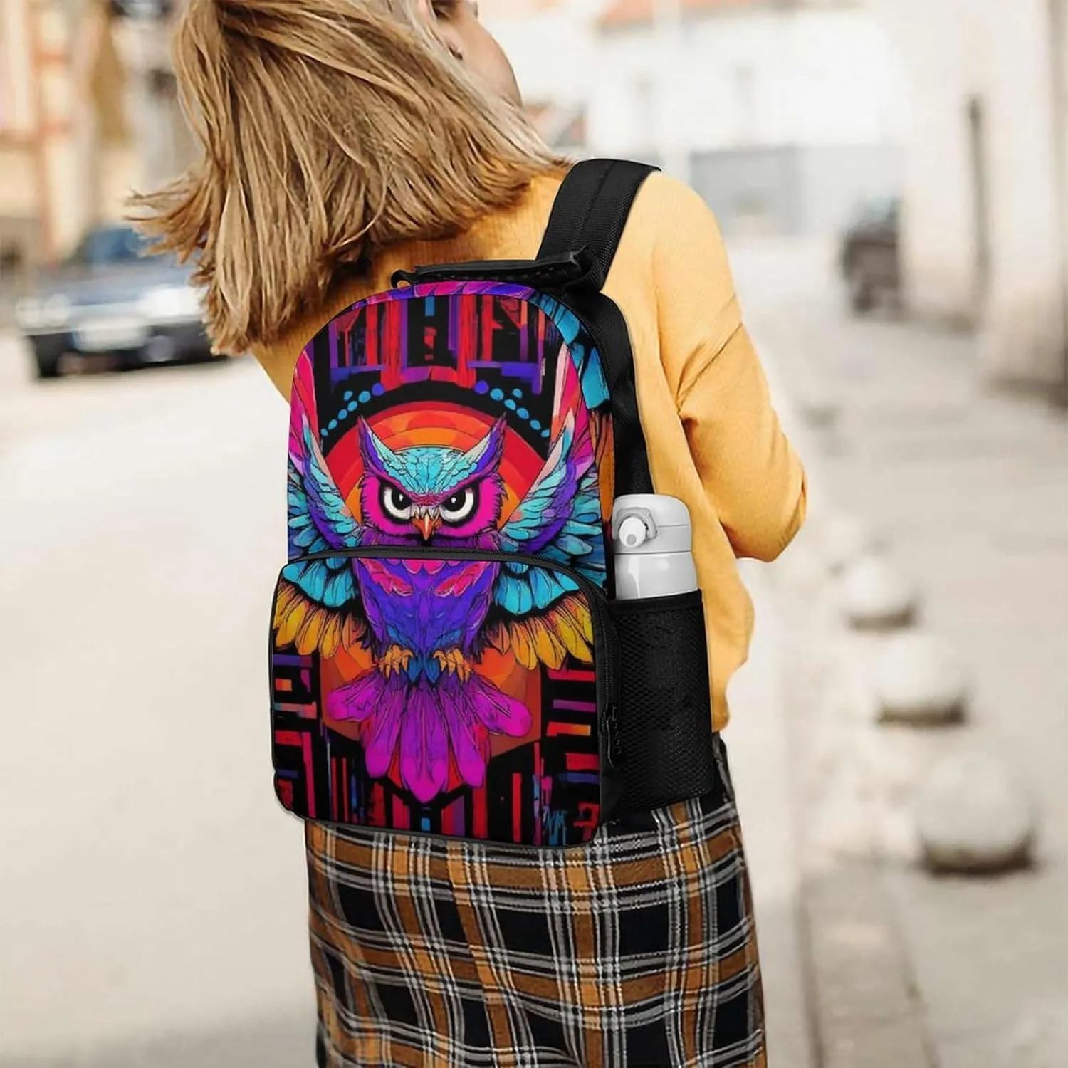 Supdreamc Colorful Hippie Owl Magical Bird Art Daypack Backpack Polyester Anti-Theft Multipurpose Bookbag Big Capacity Travel Hiking & Camping Rucksack With Smooth Zippers