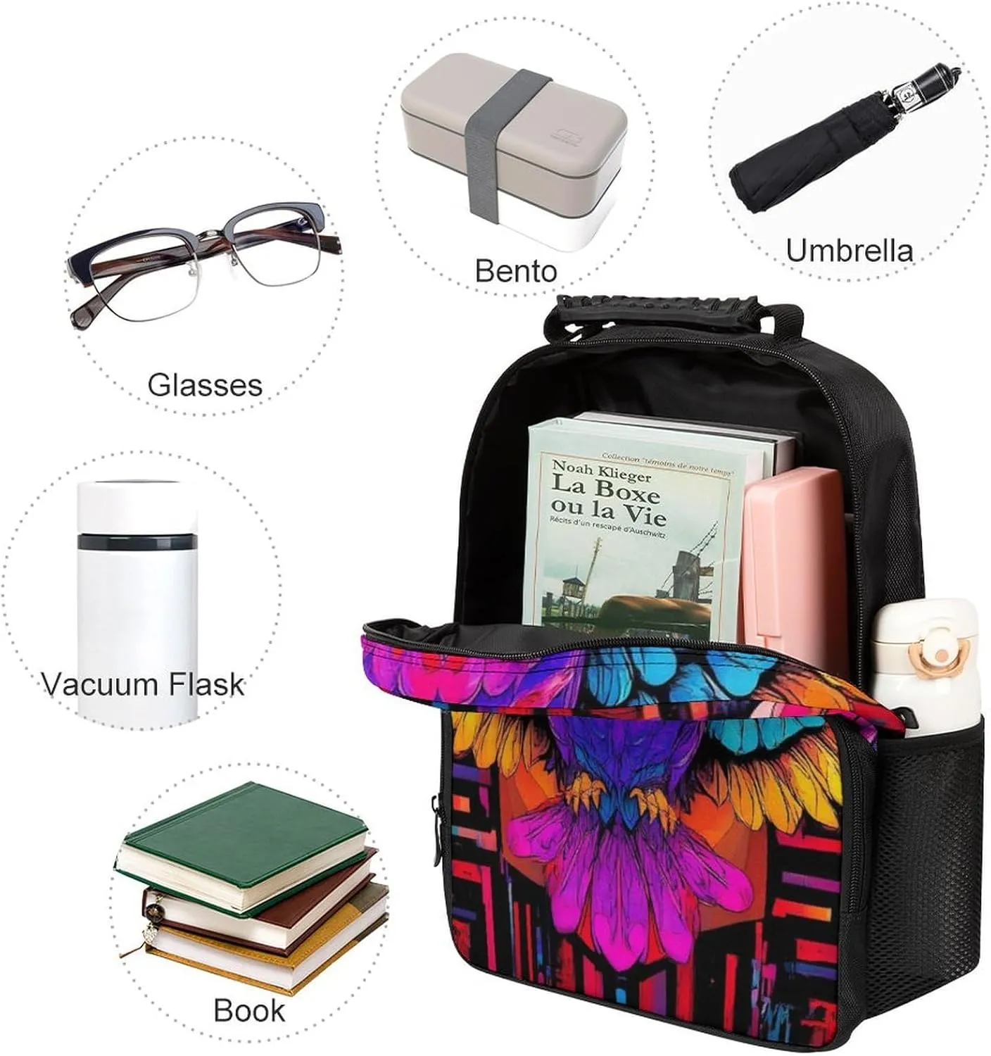 Supdreamc Colorful Hippie Owl Magical Bird Art Daypack Backpack Polyester Anti-Theft Multipurpose Bookbag Big Capacity Travel Hiking & Camping Rucksack With Smooth Zippers