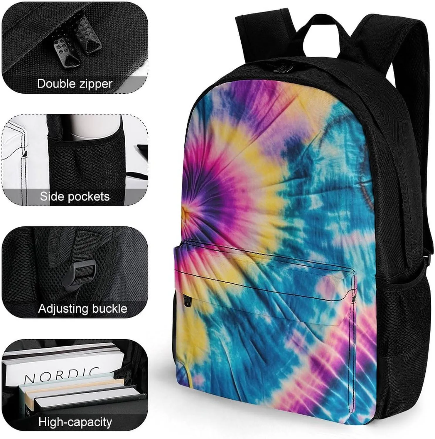 Supdreamc Lightweight Daypack Backpack for Trekking Work Running - Big Capacity Multipurpose Anti-Theft Bookbag, Tie Dye Art Business Computer Bag
