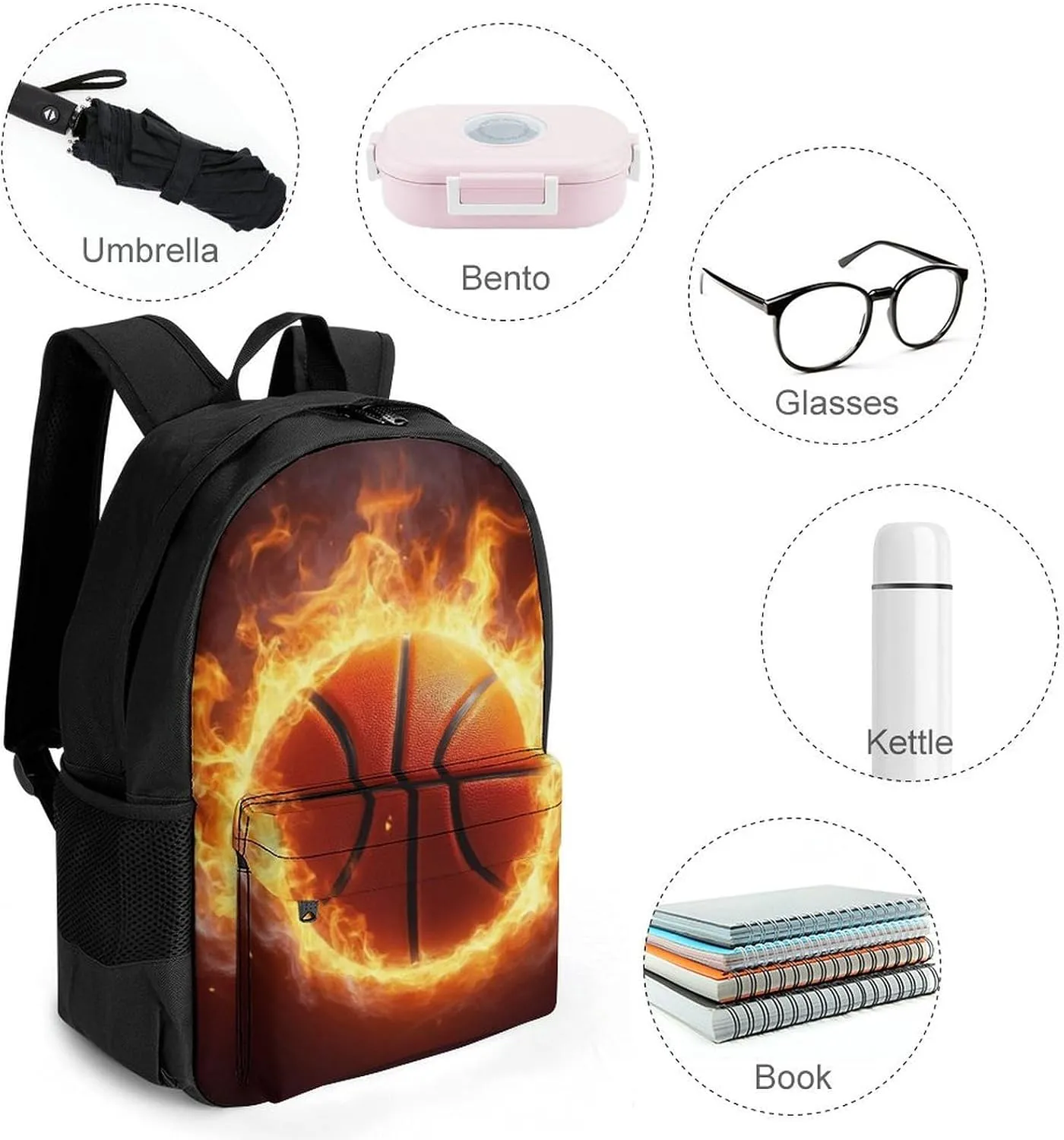 Supdreamc Lightweight Rucksacks for Camping Picnic Walking Cycling - Large Capacity Multipurpose Anti-Theft Carry On Bag, Cool Fire Flame Basketball Travel Hiking & Camping Rucksack